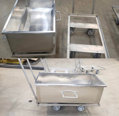 Stainless steel food grade food bin and cart built for a local bakery