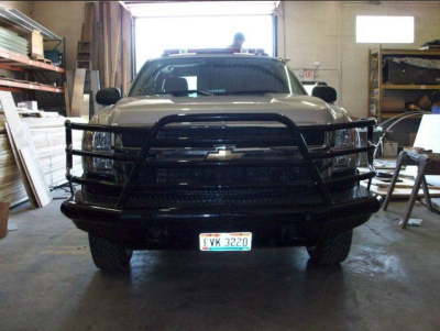 Custom push bars on a Chevy truck - we can custom design push bars for any make and model